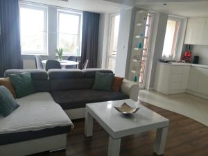 een woonkamer met een bank en een tafel bij Apartament 35 in Olsztynek