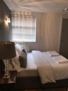sypialnia z łóżkiem, lampką i oknem w obiekcie Georgian Apartment Catharine St w Liverpoolu