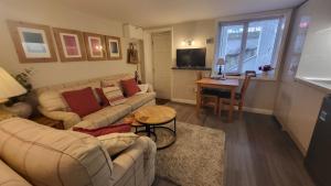 uma sala de estar com um sofá e uma mesa em The Den, 2 mins Chelt High Street, John Lewis etc em Cheltenham