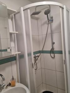 e bagno con doccia, servizi igienici e lavandino. di Altstadtperle a Emden