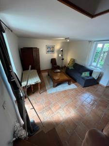ein Wohnzimmer mit einem blauen Sofa und einem Tisch in der Unterkunft la Belle Seine in Samois-sur-Seine