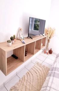 sala de estar con TV en una estantería de madera en Appartement proche de l'aéroport de Nantes, en Saint-Aignan-Grand-Lieu