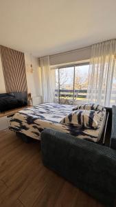 a bedroom with a bed and a couch and a window at Studio face au Bassin d'Arcachon in Andernos-les-Bains +15 photos