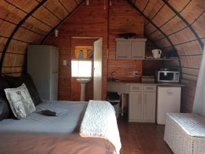 a bedroom with a bed and a kitchen in a room at Geo Trail Lodge and Spa in Barberton