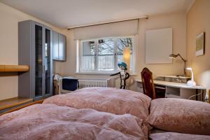 a bedroom with a bed and a sink and a window at Claudis Seeland in Kressbronn am Bodensee