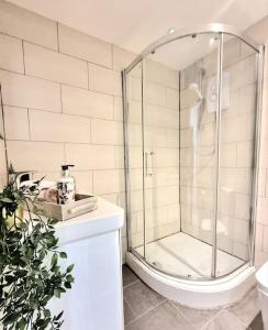 a bathroom with a shower with a toilet and a sink at The Stray adjacent, Interior-Designed 2-bed Apartment- Luxury in Harrogate