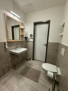 a bathroom with a sink and a toilet and a mirror at Fair´n Square Hotel 24 Stunden Check In in Darmstadt