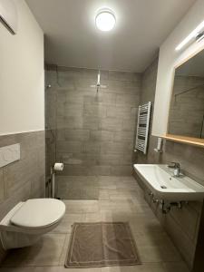 a bathroom with a toilet and a sink at Fair´n Square Hotel 24 Stunden Check In in Darmstadt