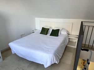 Una cama blanca con dos almohadas verdes. en Apartamento Centro Histórico, en Málaga