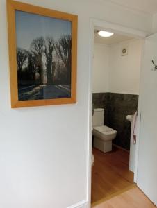 baño con una pintura en la pared y aseo en Relaxing secluded lodge couples getaway with hot tub en Eaton