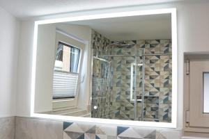 a mirror in a bathroom with a shower at Apartment Pr'pek in Bohinj