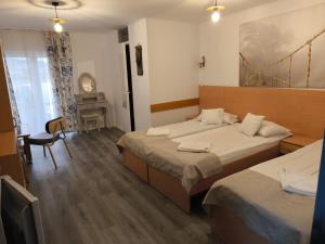 a hotel room with two beds and a desk at Pensiunea Vila Chesa in Corunca +15 photos