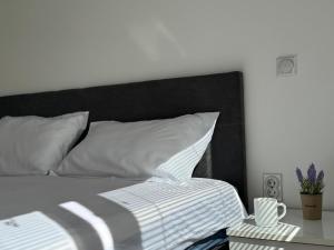 ein Bett mit einem schwarzen Kopfteil und weißen Kissen in der Unterkunft Ivanov Apartment in Bitola