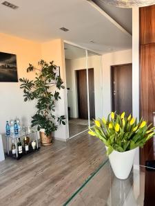 salon z żółtymi kwiatami i lustrem w obiekcie MICKA 25 w mieście Skarżysko-Kamienna