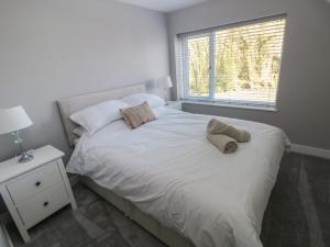 a bedroom with a white bed with a window at Wychwood in Haverfordwest