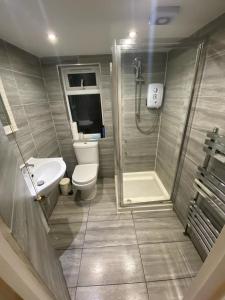 a bathroom with a toilet sink and a shower at 4 Bedroom Apartment & 2 Bedroom apartment in London