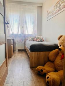 małą sypialnię z misiem siedzącym obok łóżka w obiekcie MICKA 25 w mieście Skarżysko-Kamienna