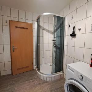 baño con ducha y puerta de cristal en Fewo-Hengesbach, en Much