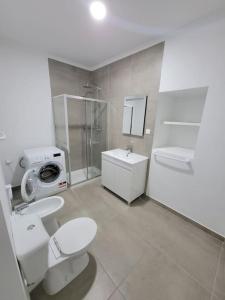 a bathroom with a toilet and a shower and a sink at Apartment in Semeador 1 in Portalegre
