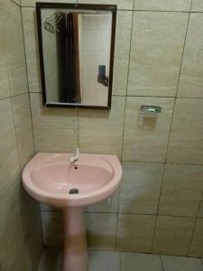 bagno con lavandino rosa e specchio di Oasis Hotel and Guest House. Voi a Voi