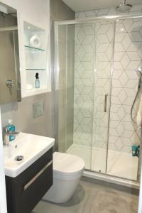 La salle de bains est pourvue d'une douche, de toilettes et d'un lavabo. dans l'établissement Luxury Capella Court, à Londres