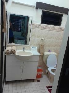 bagno con lavandino, servizi igienici e specchio di Villa 109 a Pacific Harbour