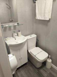 a white bathroom with a toilet and a sink at Vila Chesa in Corunca