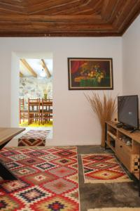 ein Wohnzimmer mit einem TV und einem Teppich in der Unterkunft Guest House Bashaj in Bashaj