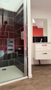 een badkamer met een douche en een glazen deur bij Balnéo Blanche Porte in Tourcoing