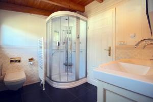 ein Bad mit einer Dusche, einem Waschbecken und einem WC in der Unterkunft Tolle Wohnung in Breitenau mit Kleinem Garten in Garmisch-Partenkirchen