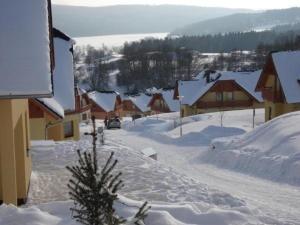 ein schneebedecktes Dorf mit einem Auto, das eine Straße hinunterfährt in der Unterkunft Ferienhaus für 8 Personen ca 200 qm in Slupecna, Böhmen Moldau in Lipno nad Vltavou