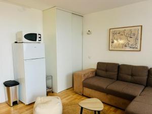 een woonkamer met een bank en een magnetron bij Appartement T2 vue mer in Porticcio