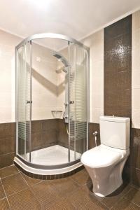 a bathroom with a glass shower and a toilet at Nereides Hotel in Karpathos