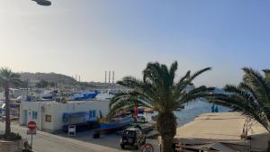 a marina with a lot of boats and palm trees at Marsaxlokk Sea View in Marsaxlokk