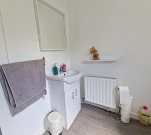 a white bathroom with a sink and a mirror at The Speak Easy Cottage Multyfarnham 0876682090 in Multyfarnham