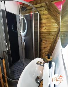 ein Bad mit einer Dusche und einem weißen Waschbecken in der Unterkunft Bungalow Ti Koko in Le Gosier