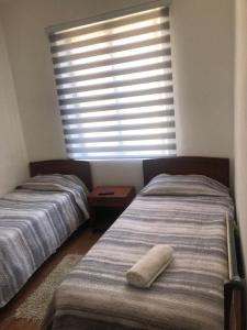2 camas en una habitación con ventana en San Sebastian en Concepción