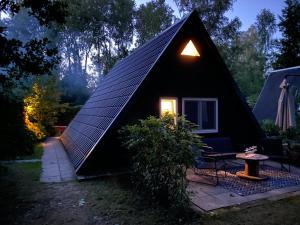 uma pequena casa preta com uma luz no telhado em Ferienhaus Seehütte em Malschwitz