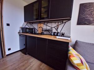 a kitchen with black cabinets and a counter top at Baltic Barns Brisa in Wytowno +24 photos