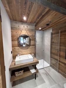 uma casa de banho com um lavatório e um chuveiro em Chalet Clémence em Taninges