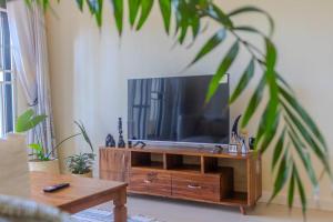 uma sala de estar com televisão num centro de entretenimento em madeira em The Greenleaf Apartment, Lubowa. em Kampala