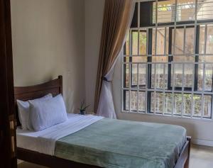 um quarto com uma cama e uma grande janela em The Greenleaf Apartment, Lubowa. em Kampala