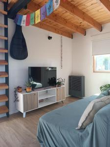 1 dormitorio con 1 cama y TV en una habitación en Acogedora casa con increíble vista! en San Carlos de Bariloche