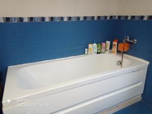 a white bath tub in a blue bathroom at Casa Cosmina in Chişcădaga
