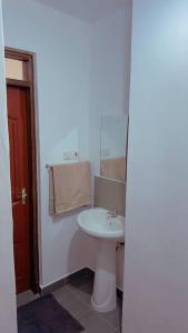 een badkamer met een witte wastafel en een spiegel bij Nice cozy 1 bedroom apartment in Ruaka