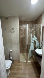a bathroom with a shower and a toilet and a sink at Alojamiento Turístico la Moneda de Huecar in Cuenca +46 photos