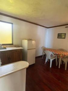 eine kleine Küche mit einem Tisch und einem Kühlschrank in der Unterkunft Apartamento con piscina en jarabacoa in Jarabacoa