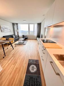 a kitchen and living room with a table and a couch at 2.5 Room@MydiHei Apartments in Neuhausen am Rheinfall