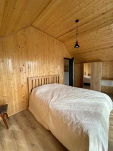 B-XON Makhinjauri في باتومي: غرفة نوم بسرير في غرفة خشبية