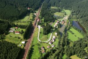 an aerial view of a small village with train tracks at Chalupa a Domček pod Kriváňom in Východná